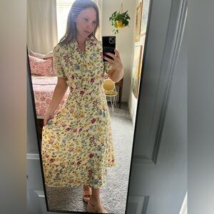 Vintage 90s Kim Rogers Silk Midi Dress. Butter Yellow Floral. Size 6.